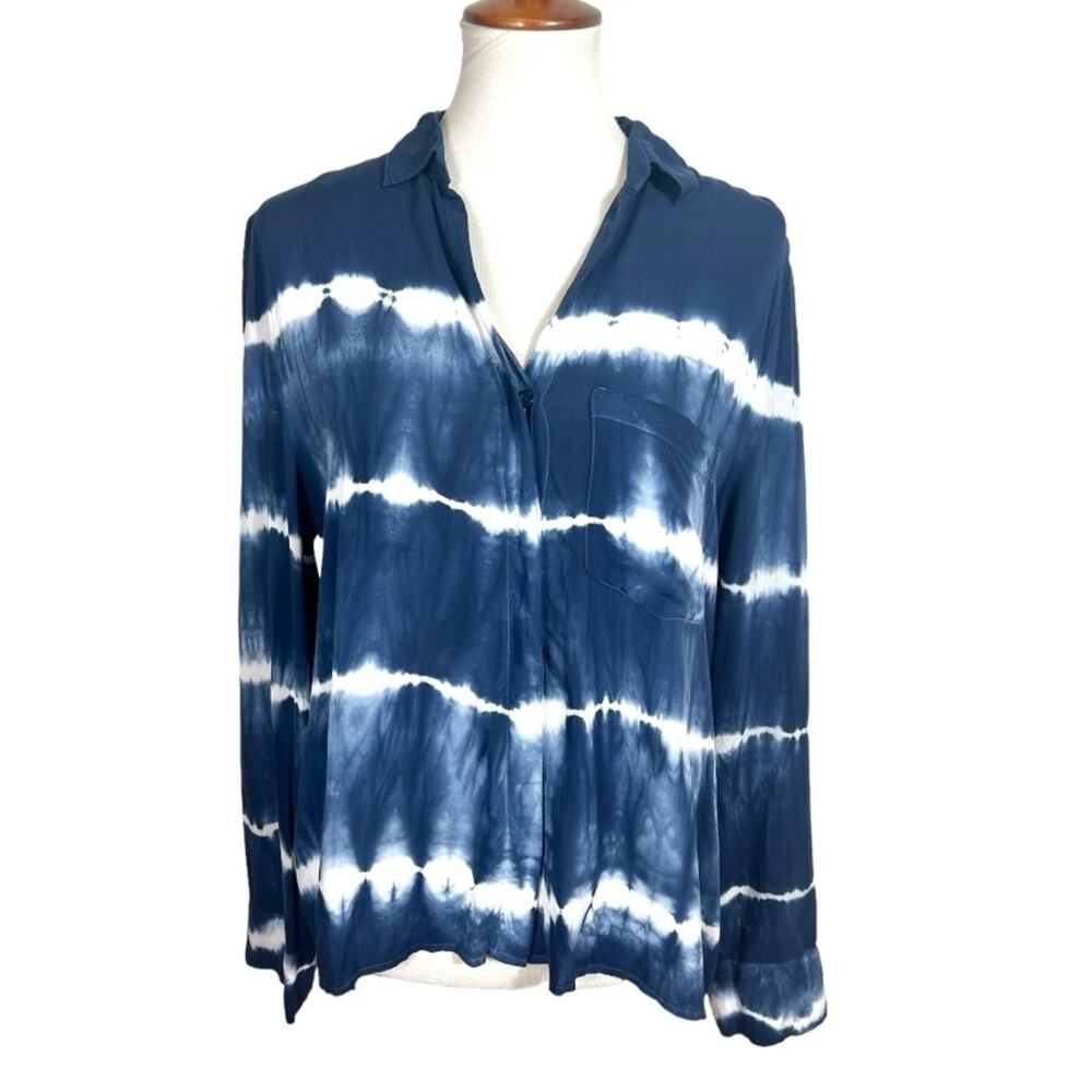 Young Fabulous & Broke Navy Tie Die Button Down Silky Blouse Size M